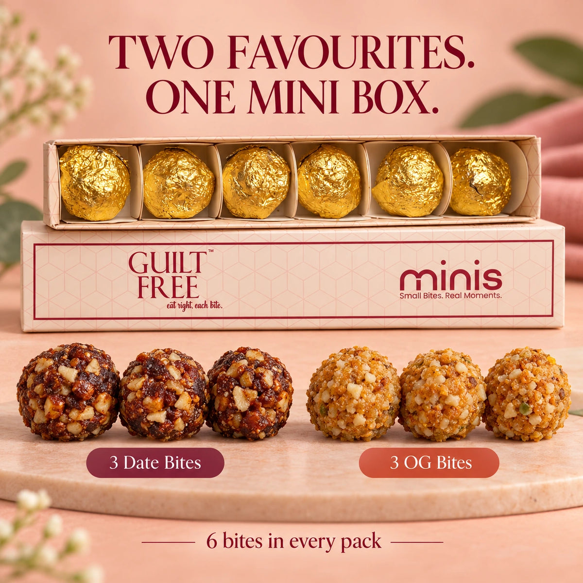 Guilt Free Minis trial pack with three Date Bites and three OG Bites.