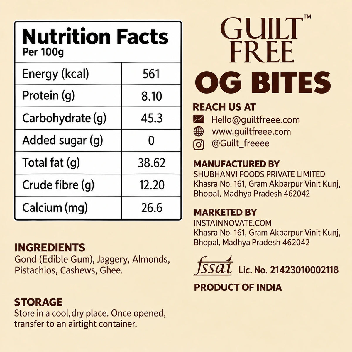 OG Bites back label showing nutrition per 100 grams, ingredients, storage and manufacturer details.