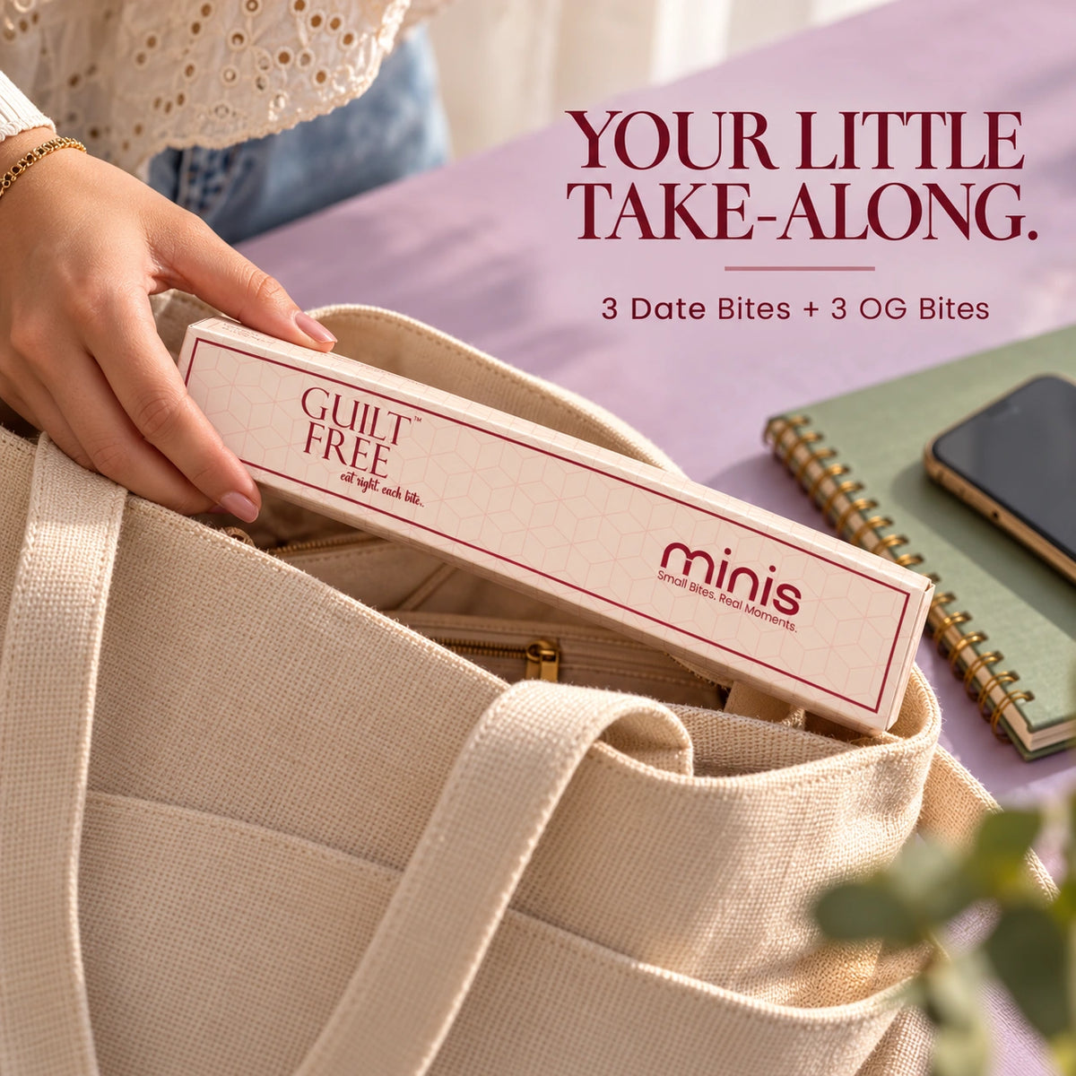 Guilt Free Minis box tucked into a tote bag for snacking on the go.
