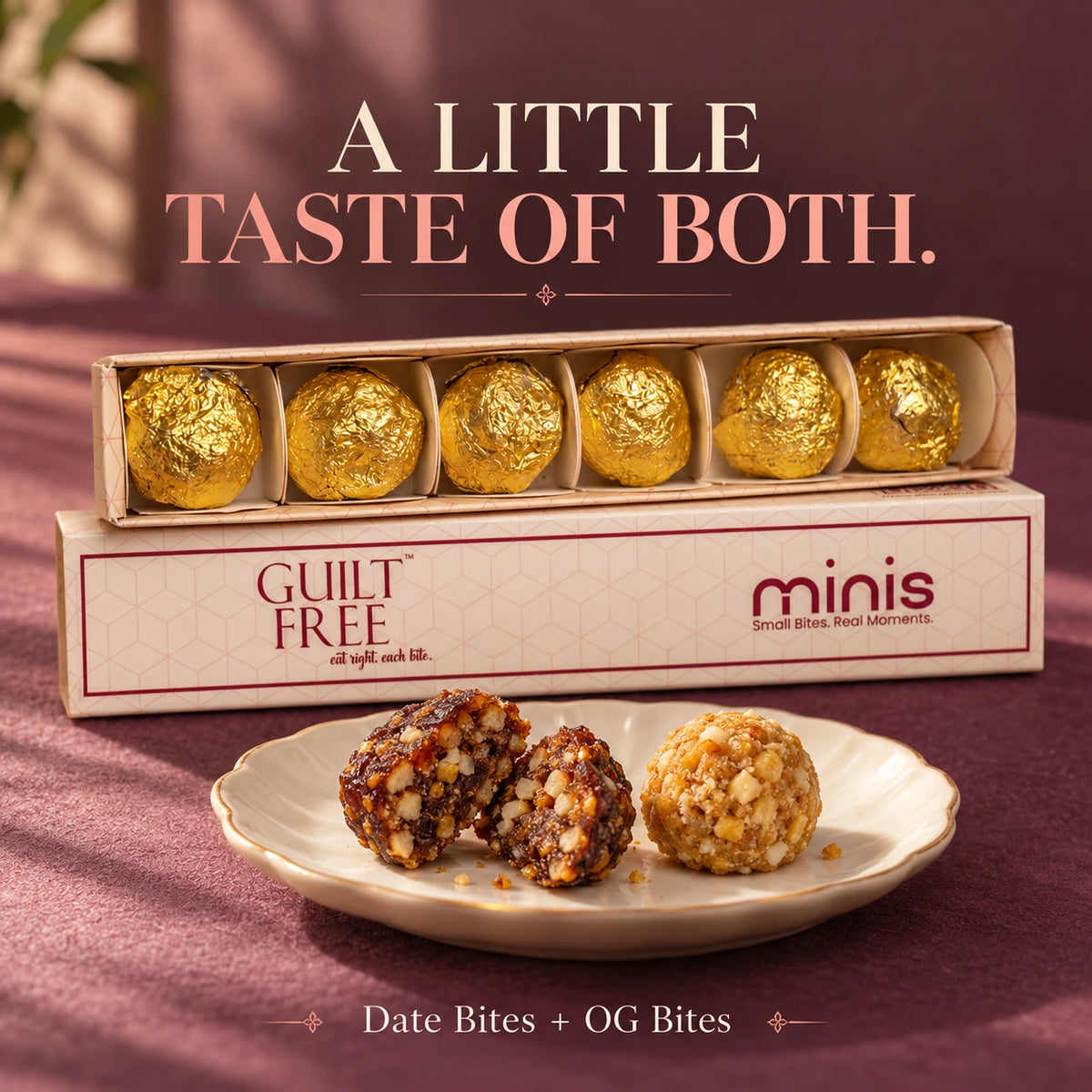 Close-up of Date Bite and OG Bite textures beside an open Guilt Free Minis slider box.