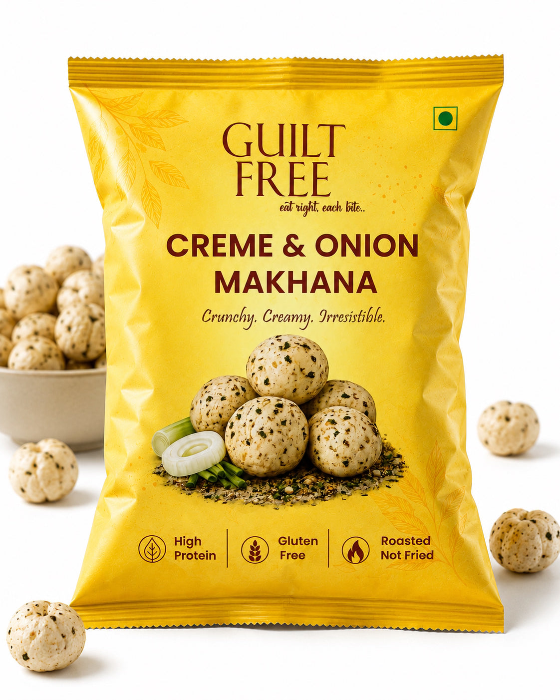 Guilt Free Cream N Onion Makhana 55g can — resealable, stays crispy, desk-ready healthy snack India