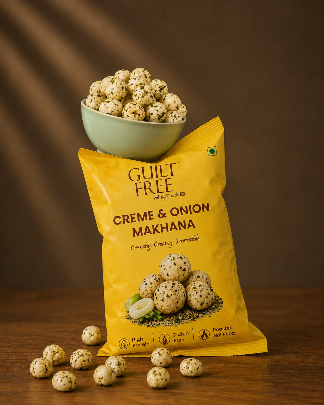 Guilt Free Cream N Onion Makhana roasted fox nuts close-up — creamy onion seasoned makhana snack