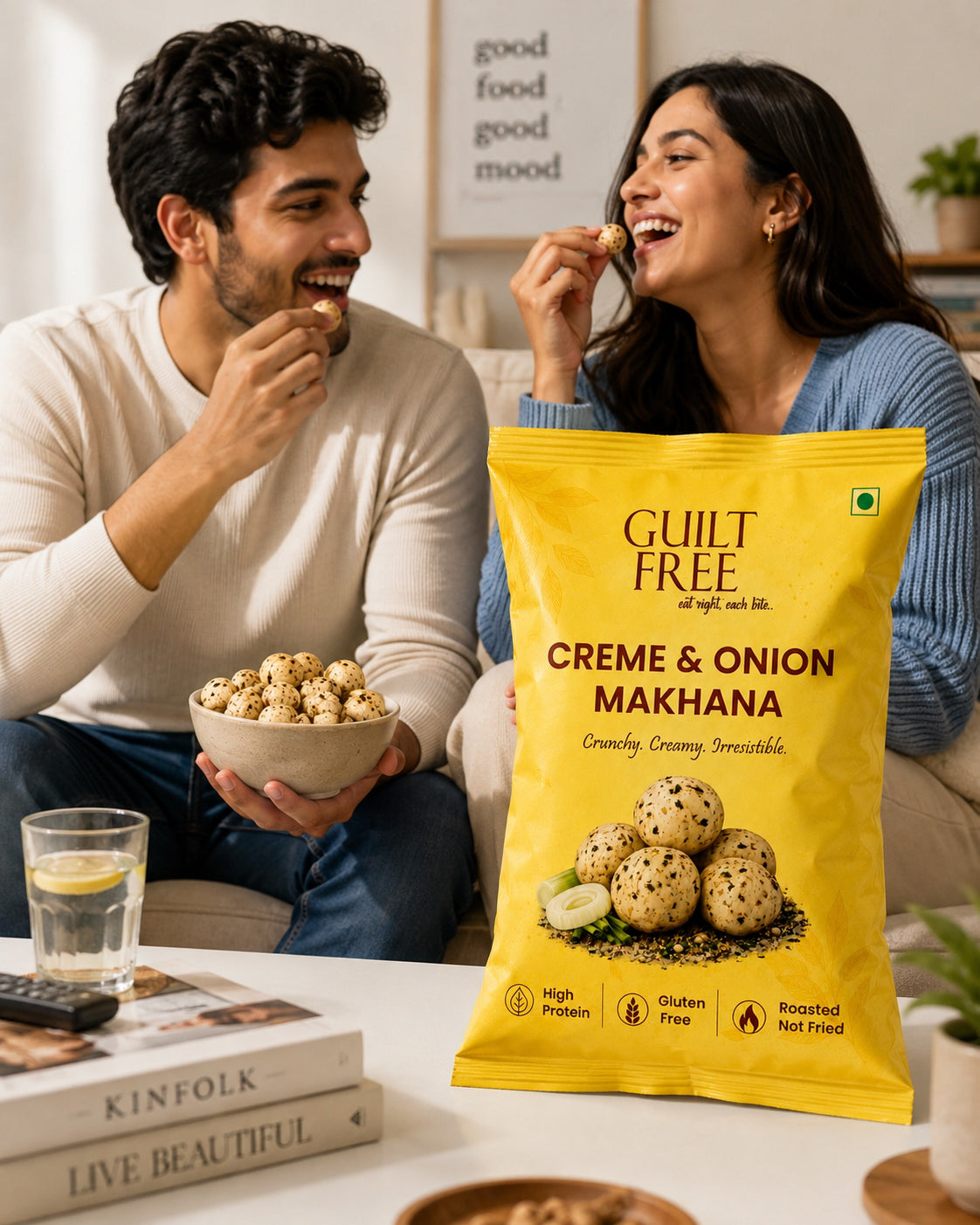 Guilt Free Cream N Onion Makhana nutrition and ingredients label — clean ingredient list, no preservatives