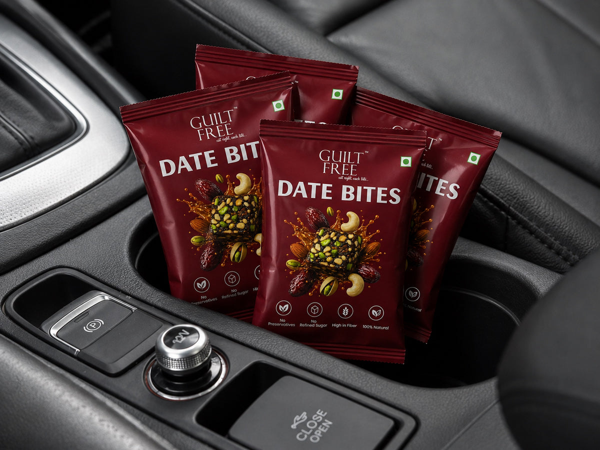 Date Bites ingredients — whole medjool dates, mixed nuts and superfood seeds, no refined sugar no maida no preservatives