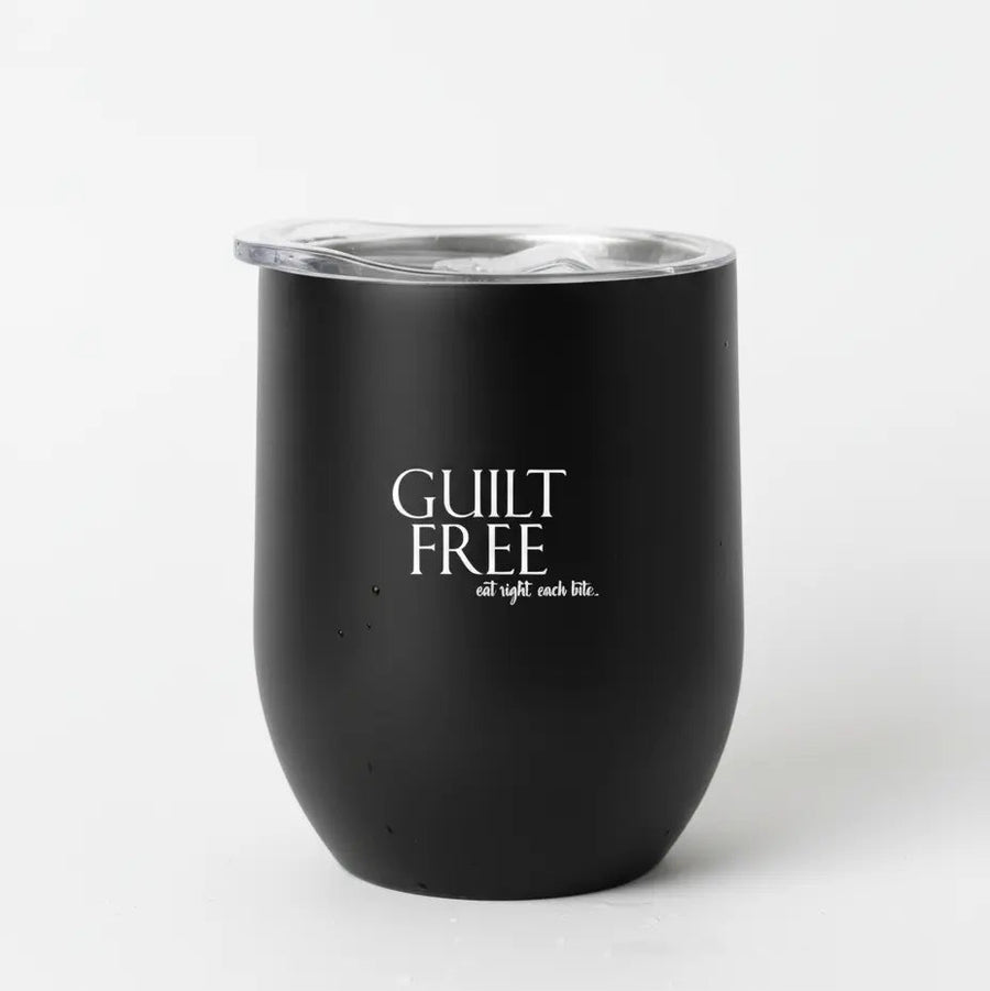 Black tumbler with 'Guilt Free' text on a white background