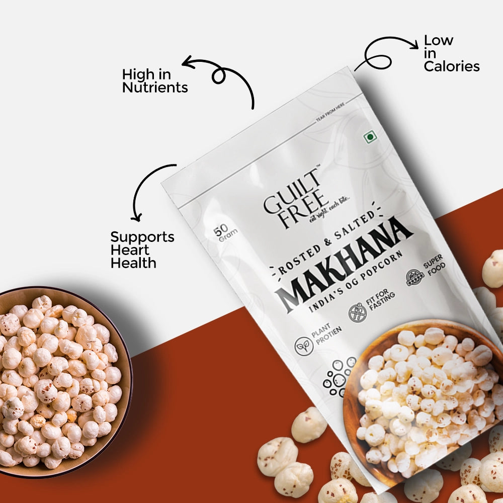 Packaging of roasted and salted makhana with nutritional information on a white background