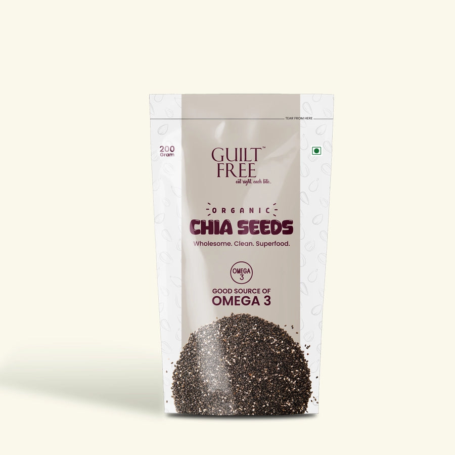 Guilt Free organic raw chia seeds 200g pouch – superfood rich in Omega-3 and fibre