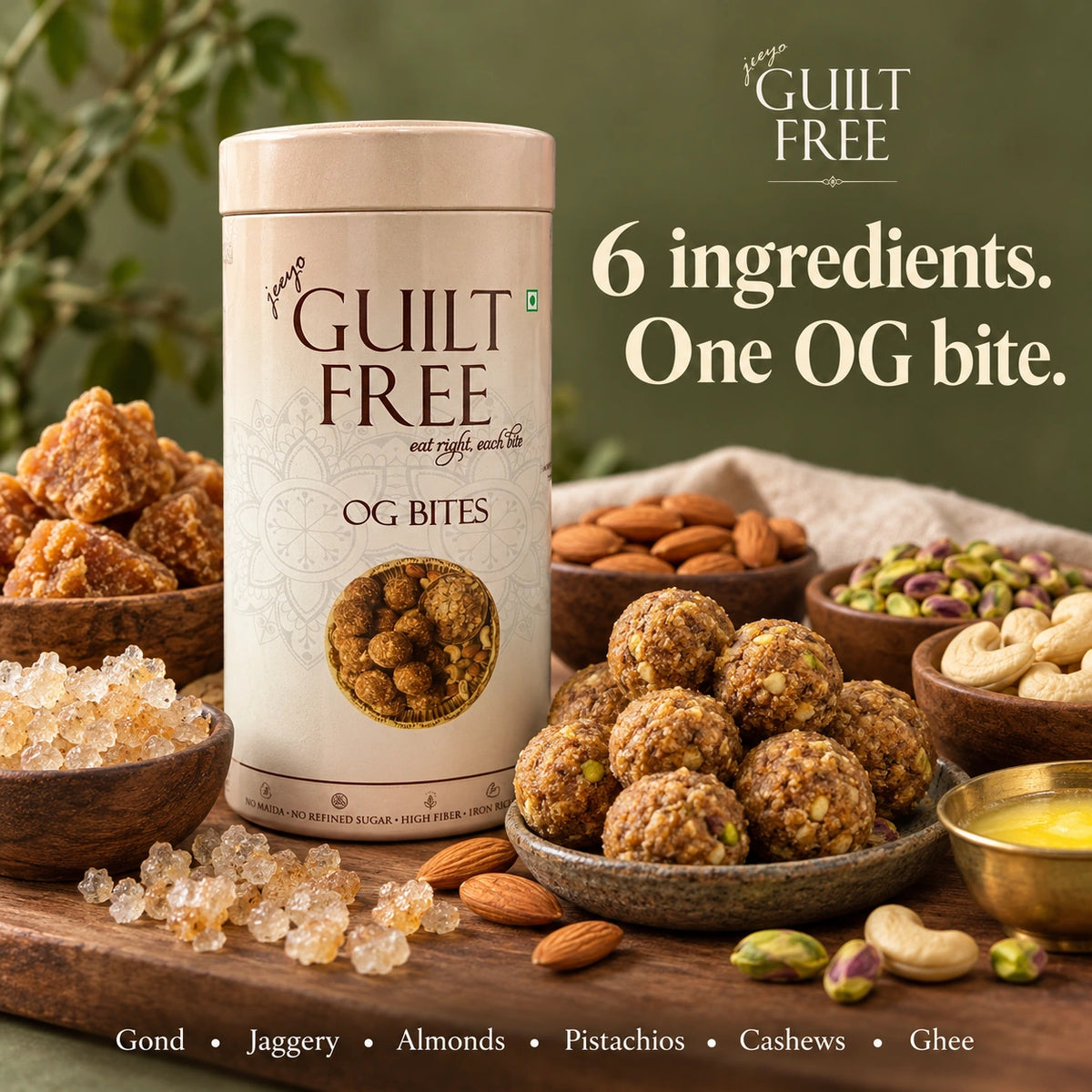 OG Bites ingredients: gond, jaggery, almonds, pistachios, cashews and ghee