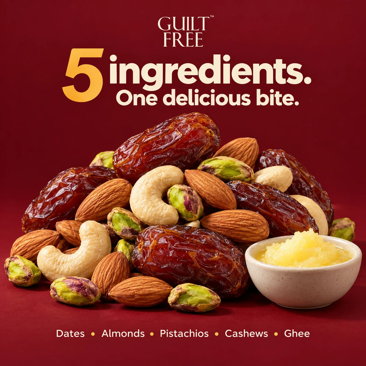 Date Bites ingredients: dates, almonds, pistachios, cashews and ghee.