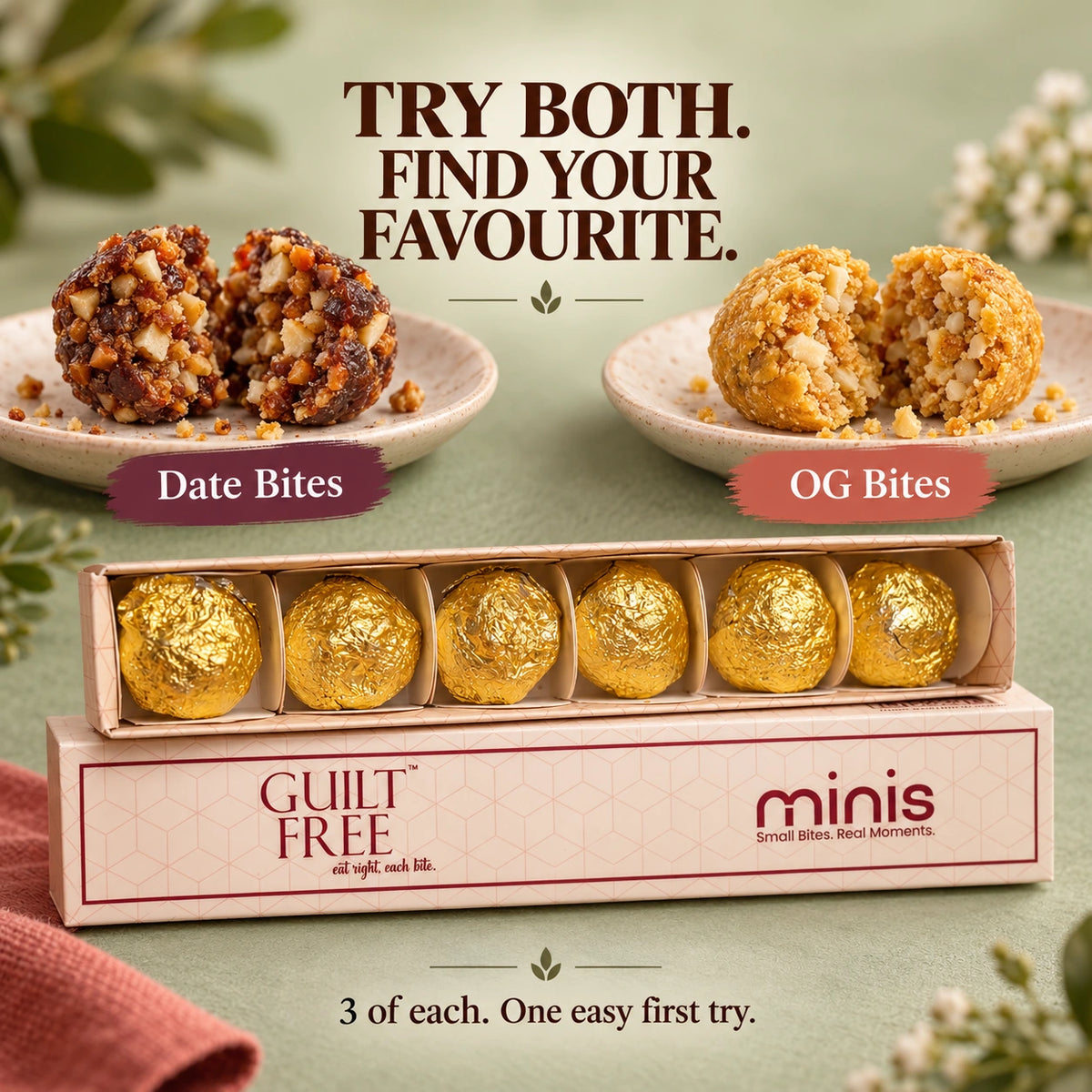 Date Bites and OG Bites shown side by side with the Guilt Free Minis box.