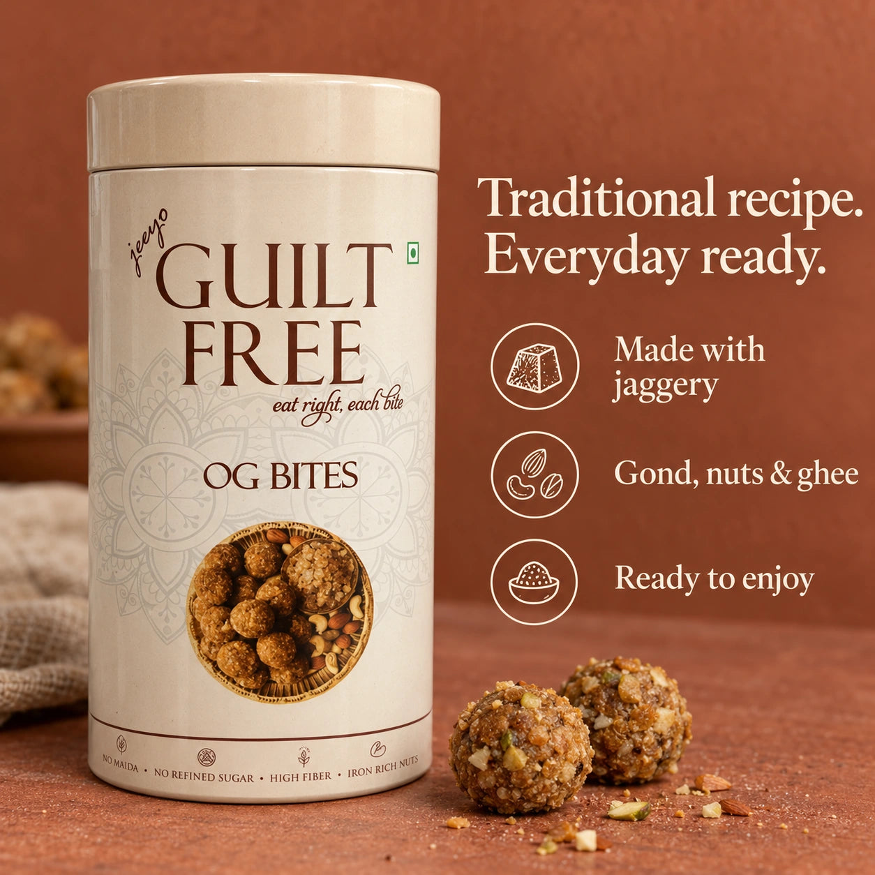 Guilt Free OG Bites made with jaggery, gond, nuts and ghee, ready to enjoy.