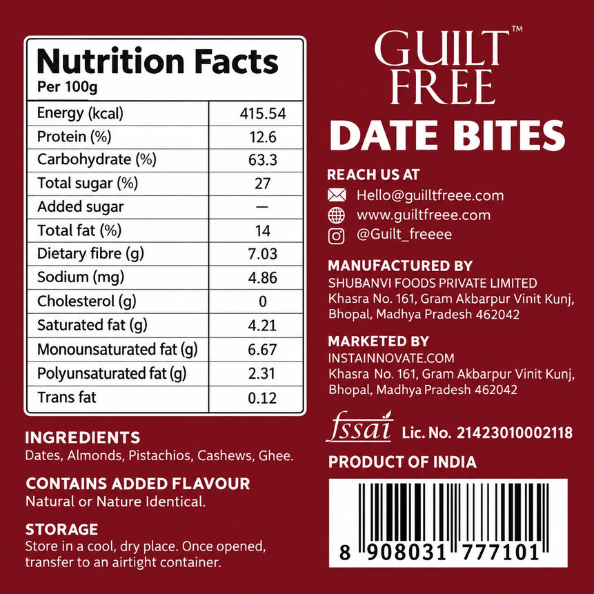 Guilt Free Date Bites nutrition per 100g, ingredients, storage, manufacturer details and barcode.