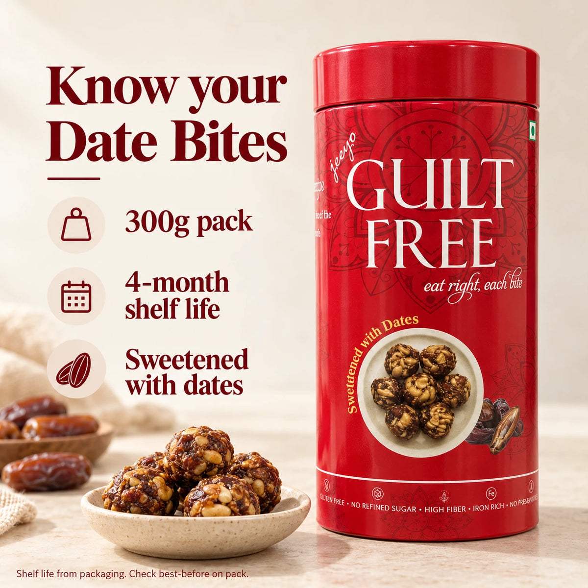Guilt Free Date Bites 300g pack, sweetened with dates, with a four-month shelf life from packaging.