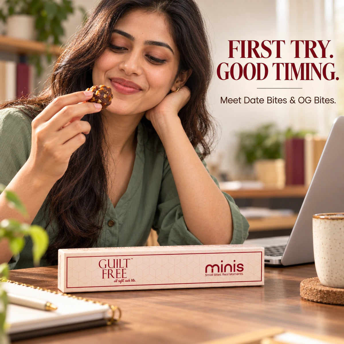 Enjoying a Date Bite during a desk break with a Guilt Free Minis box.