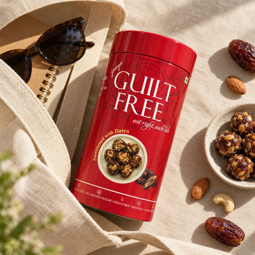 Guilt Free Date Bites red tin beside a canvas tote, notebook and sunglasses.
