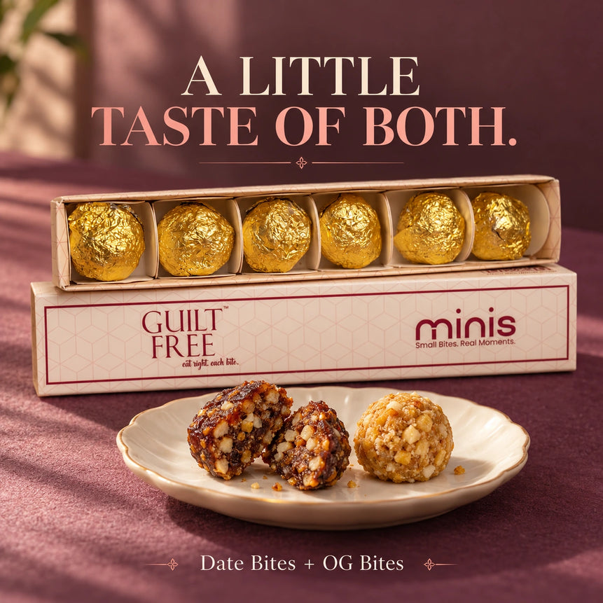 Close-up of Date Bite and OG Bite textures beside an open Guilt Free Minis slider box.