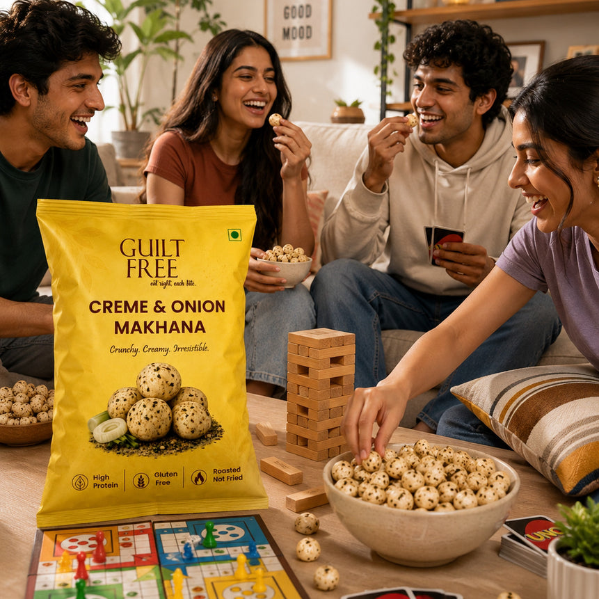 Guilt Free Cream N Onion Makhana 50g pouch — creamy seasoned roasted fox nuts, high protein gluten free snack