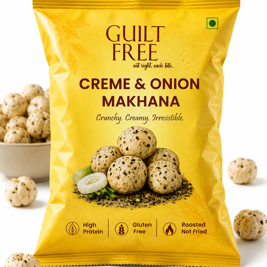 Guilt Free Cream N Onion Makhana 55g can — resealable, stays crispy, desk-ready healthy snack India