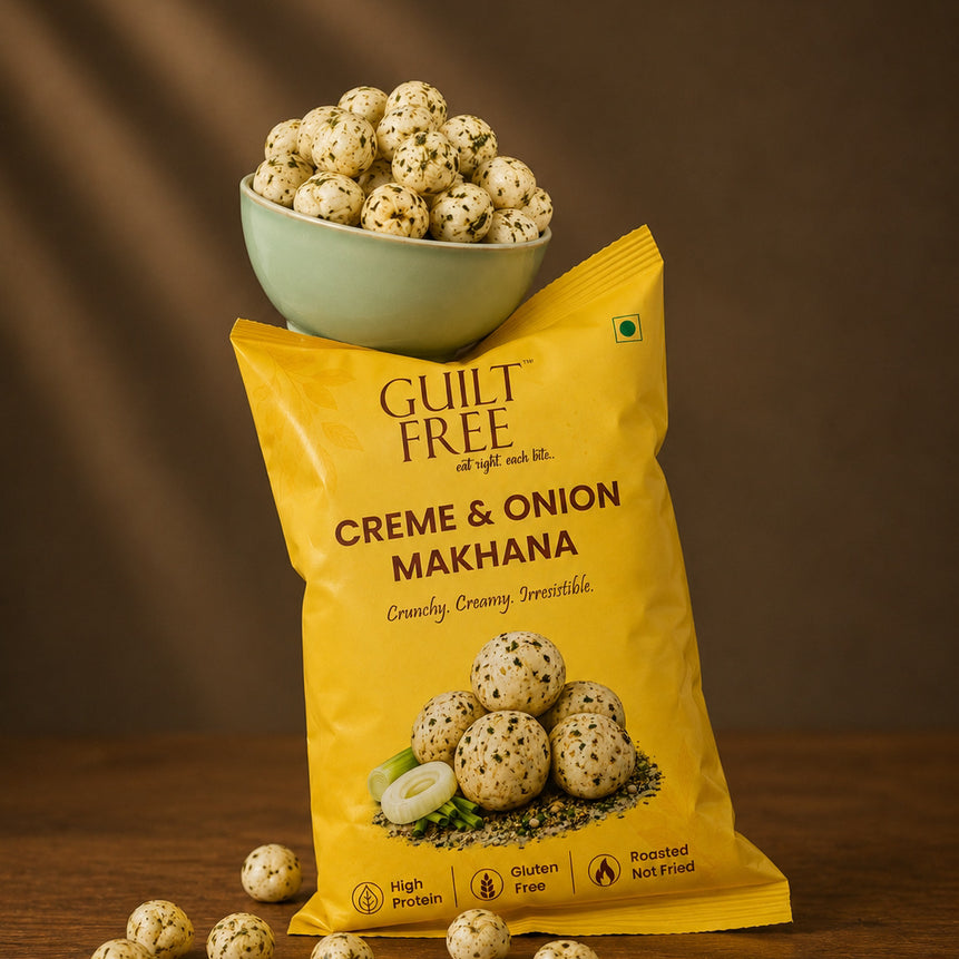 Guilt Free Cream N Onion Makhana roasted fox nuts close-up — creamy onion seasoned makhana snack