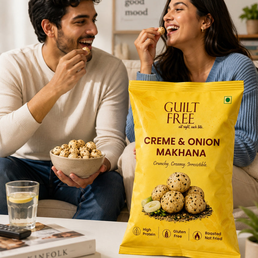 Guilt Free Cream N Onion Makhana nutrition and ingredients label — clean ingredient list, no preservatives