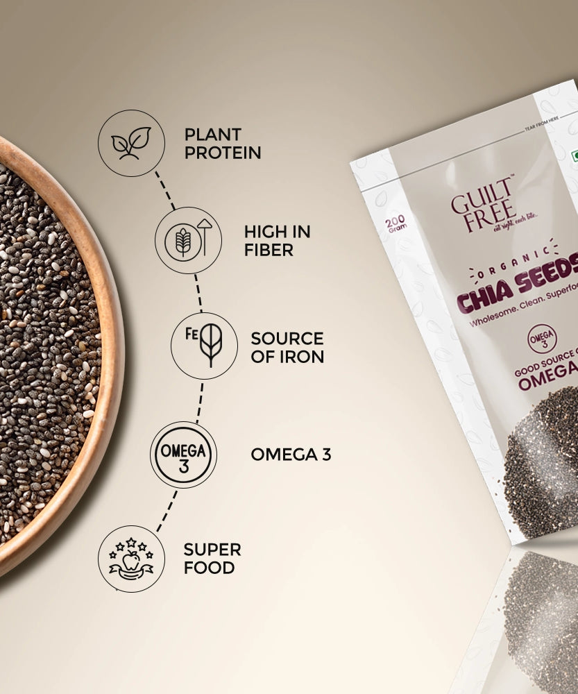 Chia seeds in a wooden bowl with a package labeled 'Guilt Free Organic Chia Seeds' on a beige background.