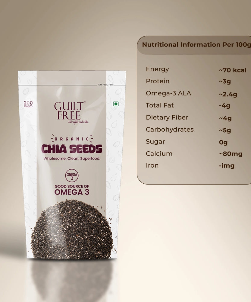 Packaging of Guilt Free Organic Chia Seeds with nutritional information displayed.