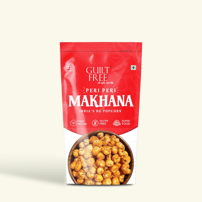 Guilt Free Peri Peri Makhana — spicy flavoured fox nuts, healthy chips alternative, high protein