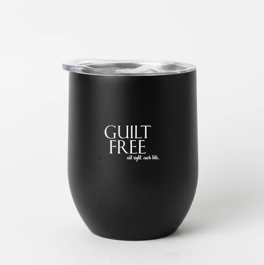 Black tumbler with 'Guilt Free' text on a white background