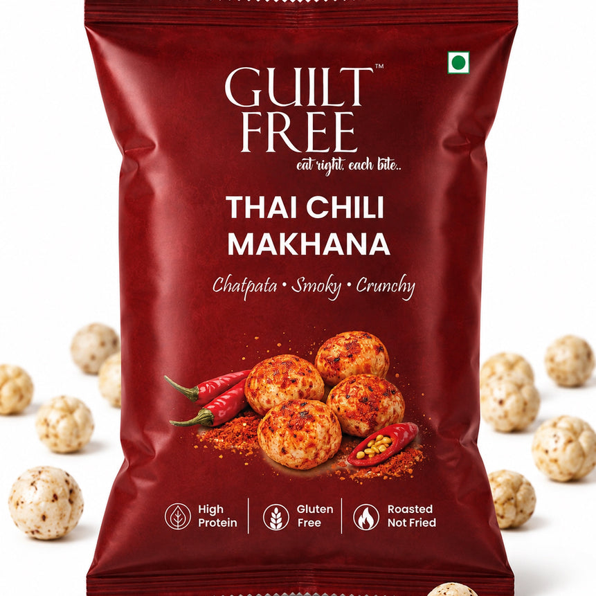 Guilt Free Thai Chilli Makhana — bold spicy roasted fox nuts in a can, healthy chips alternative India