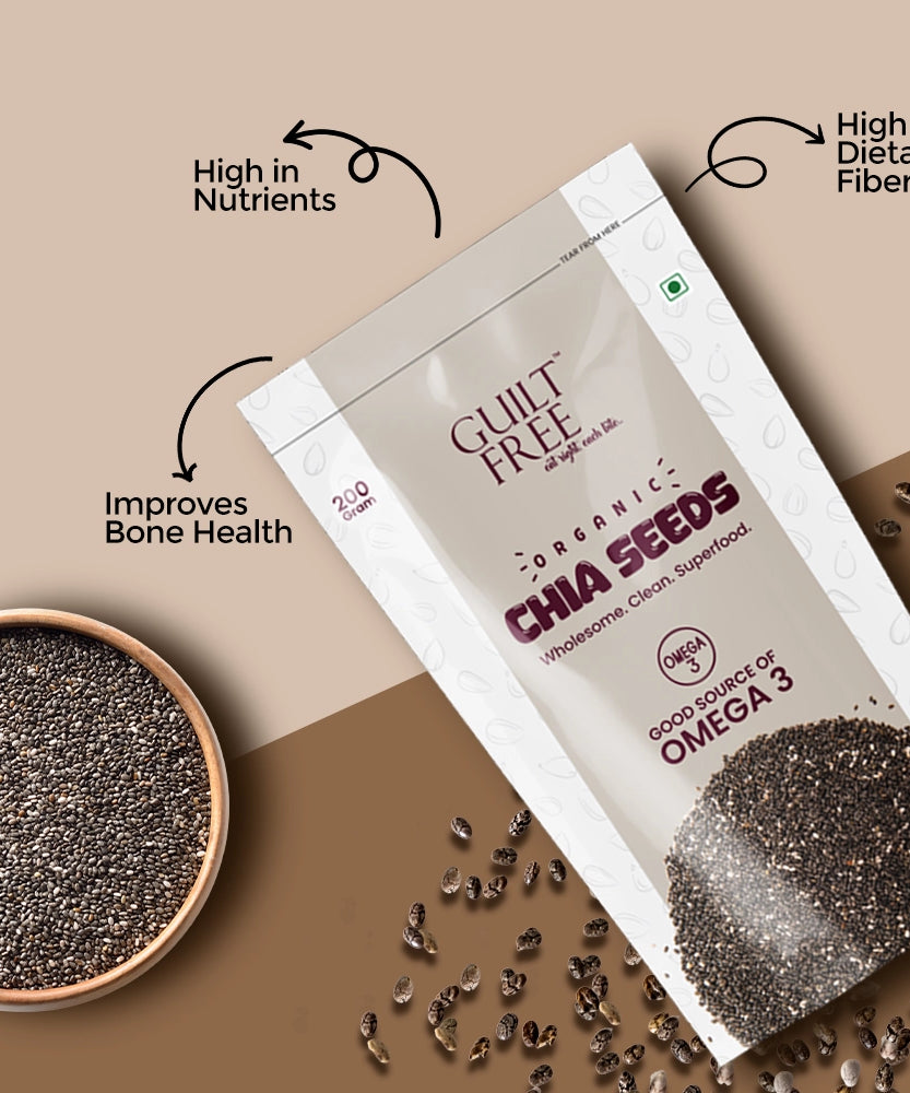 Guilt Free Organics chia seeds packaging with text highlighting benefits on a beige background