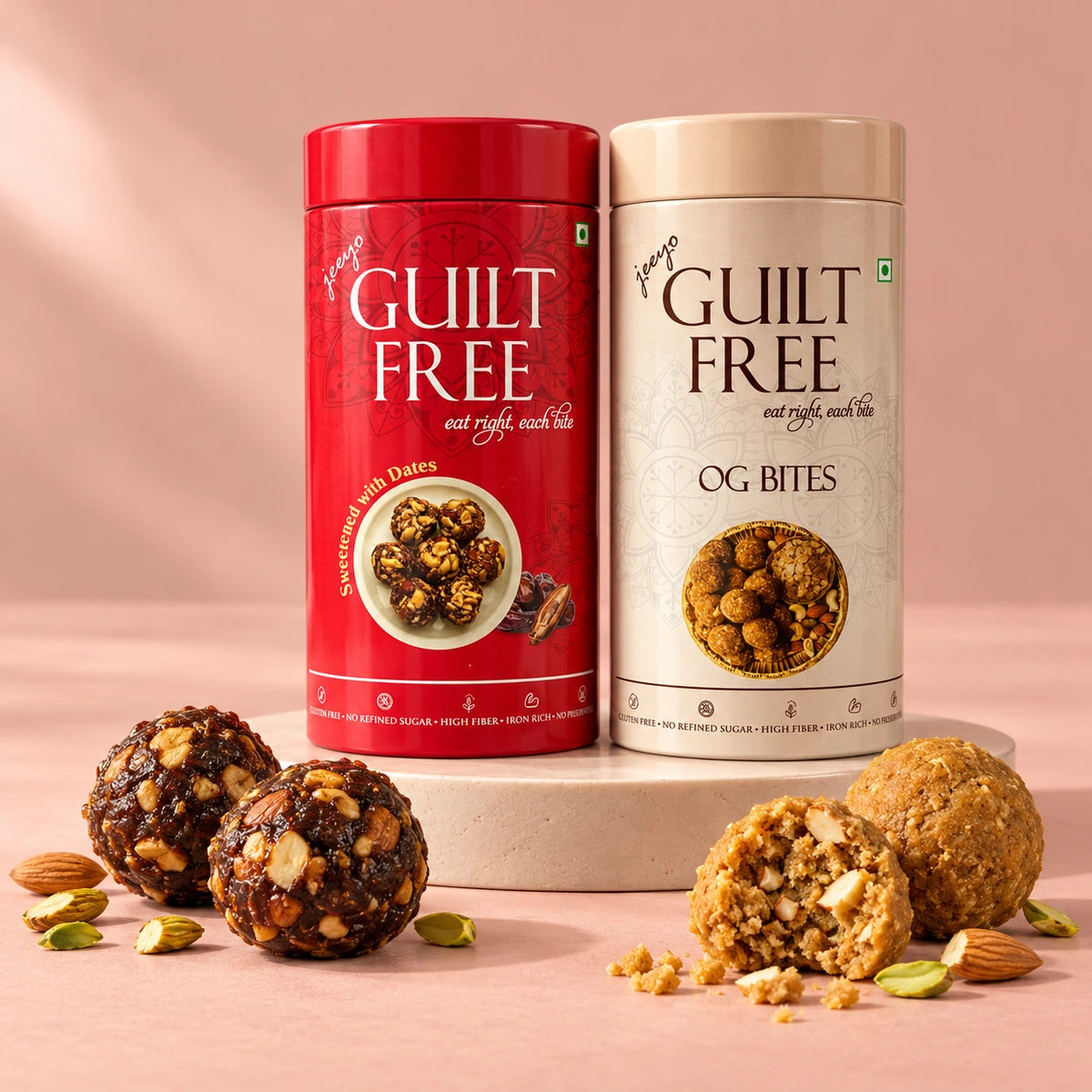 Date Bites and OG Bites tins with date bites and gond laddus