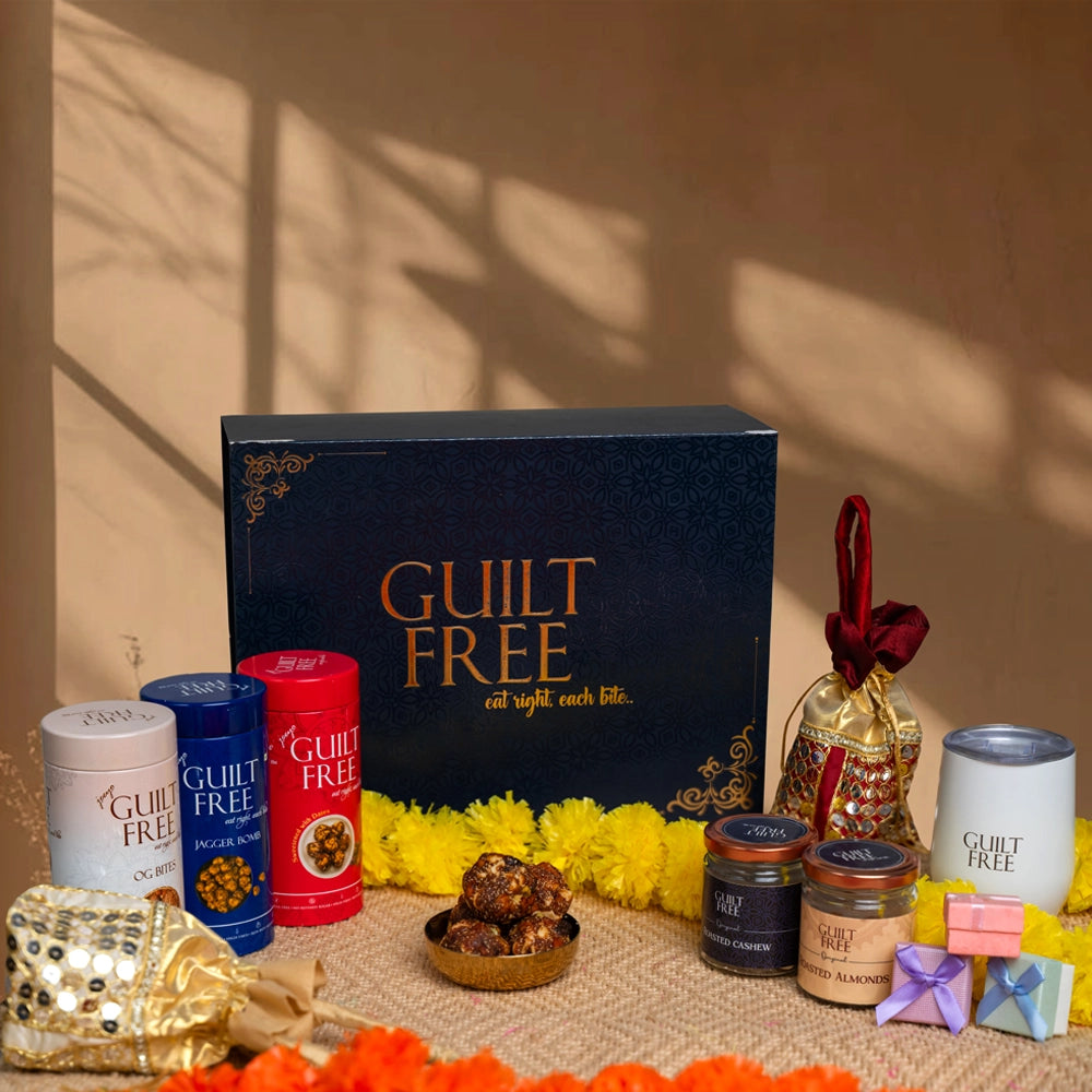 Guilt Free product packaging with decorative items on a textured surface.