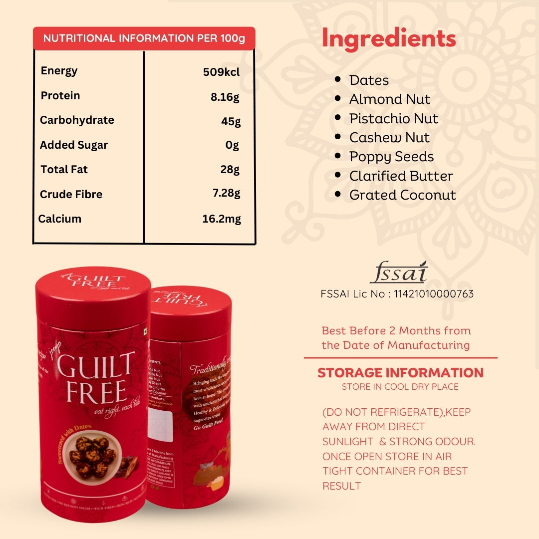 Guiltfreee Date Bites Ingredients - Made with Real Dates, Nuts, and Natural Sweeteners. Perfect for a Healthy Snack or Post Workout Energy Boost