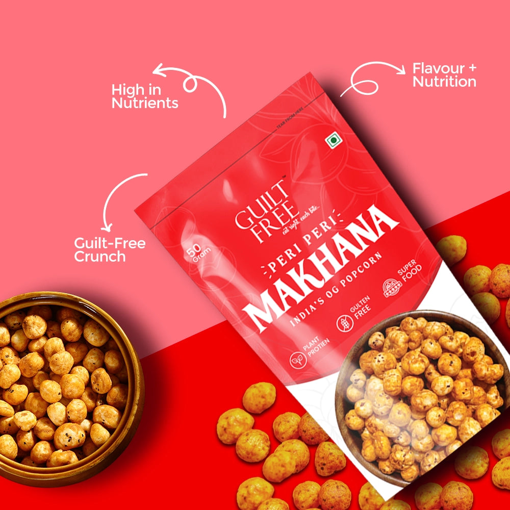 Red packet of 'Peri Peri Makhana' with bowls of snack on a red background