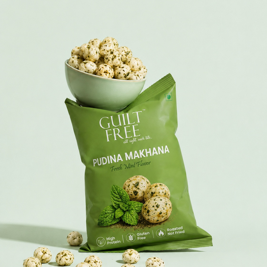 Pudina Makhana 55g resealable can — stays crispy, real dried mint, no synthetic flavour