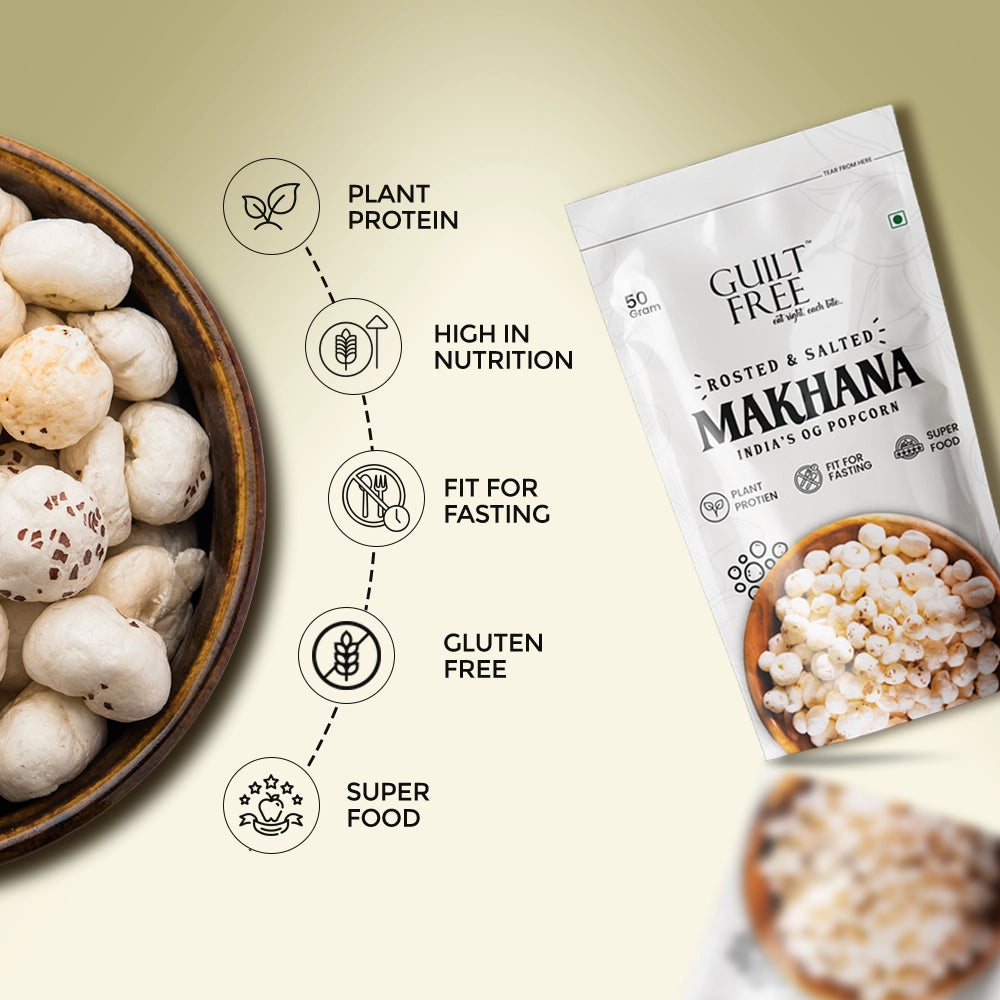 Packaged makhana with nutritional benefits listed on a light green background