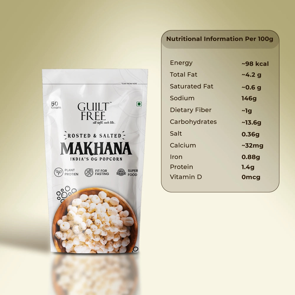 Packaging of Guilt Free Makhana with nutritional information on a beige background
