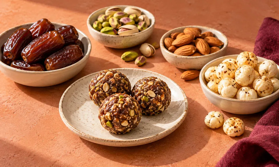 Makhana, dates and nuts arranged for an everyday snack break